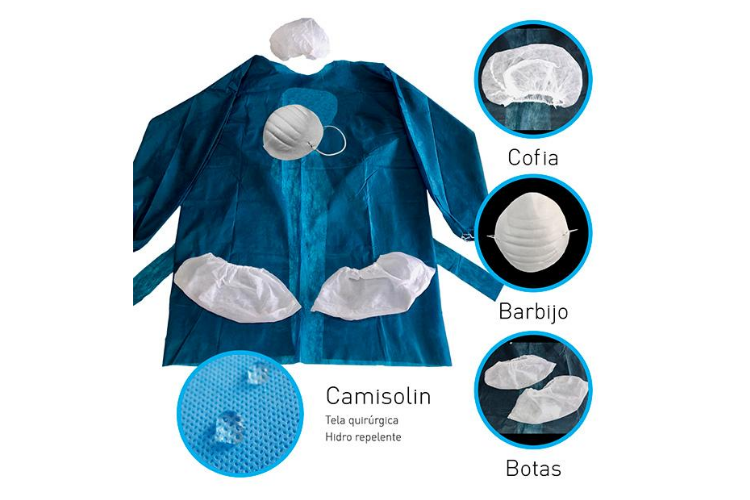 Pack 100 u. Kit Sanitario SMS - Camisolín Barbijo Cofia Cubrebota Descartable